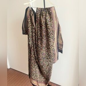 New 100% Silk Heavy Crepe Saree RITU KUMAR Style Black Pink Green Floral Paisley